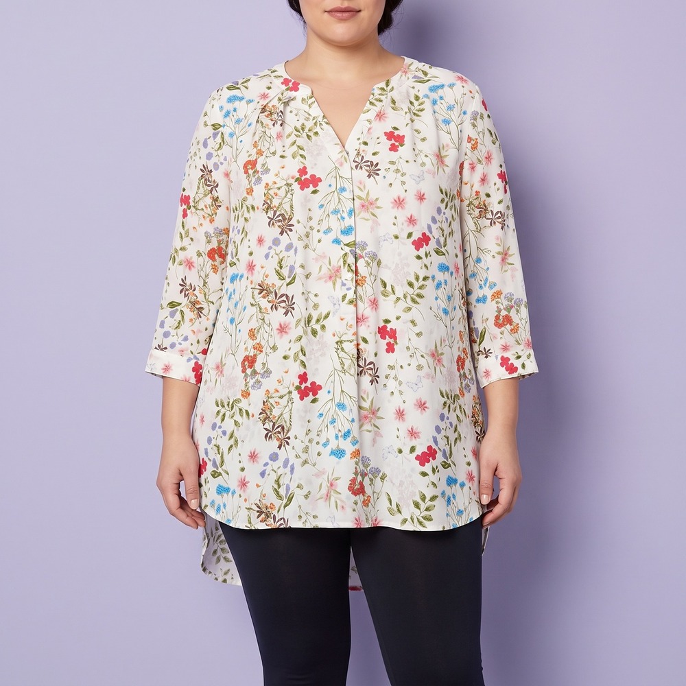 Jones & Co Blouse Womens 1X Floral White 3/4 Sleeve V-Neck High-Low EUC